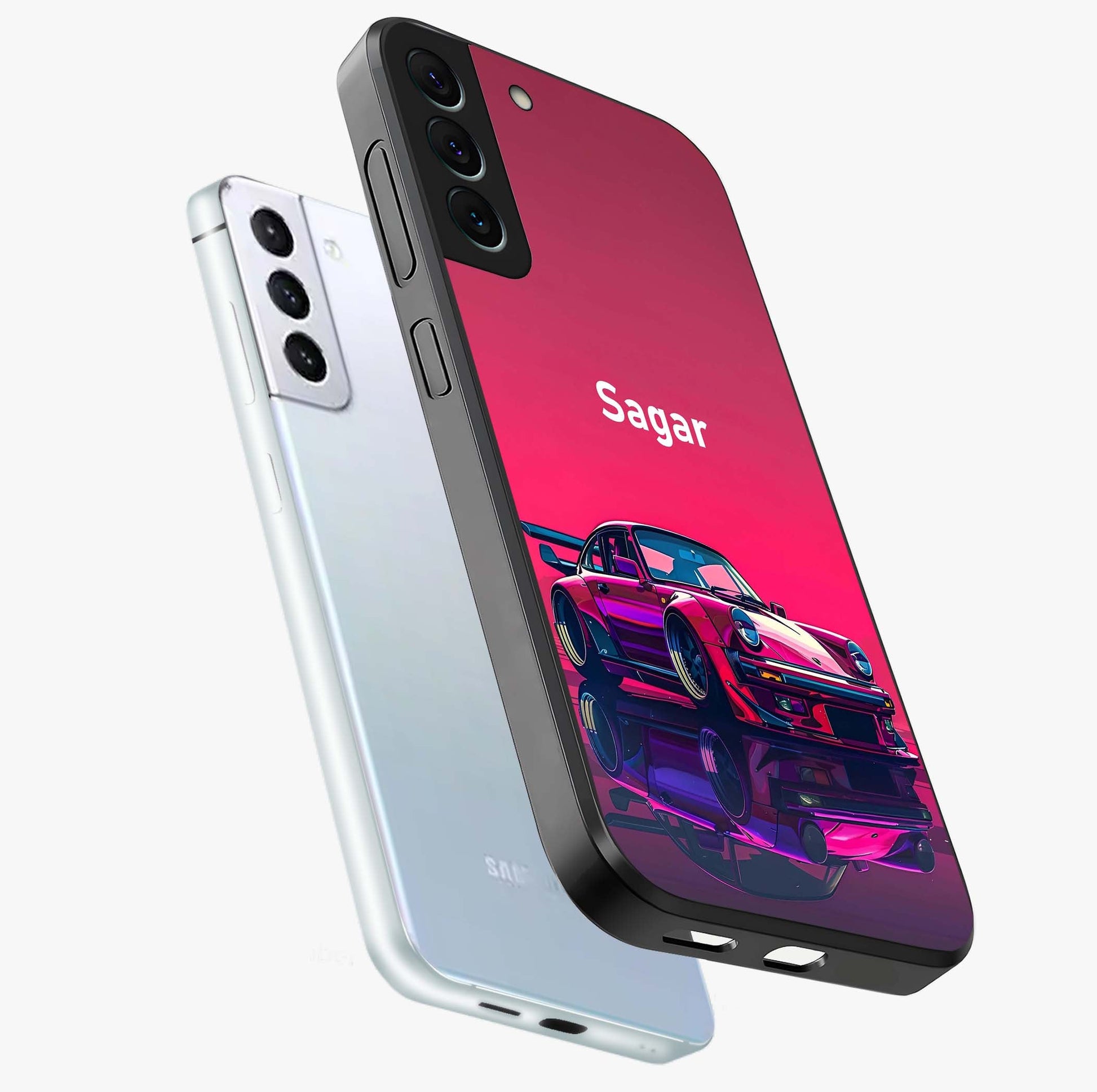 Neon Pink Porsche Glass Case displayed in angled mockup highlighting sleek neon pink car design with racing aesthetic.