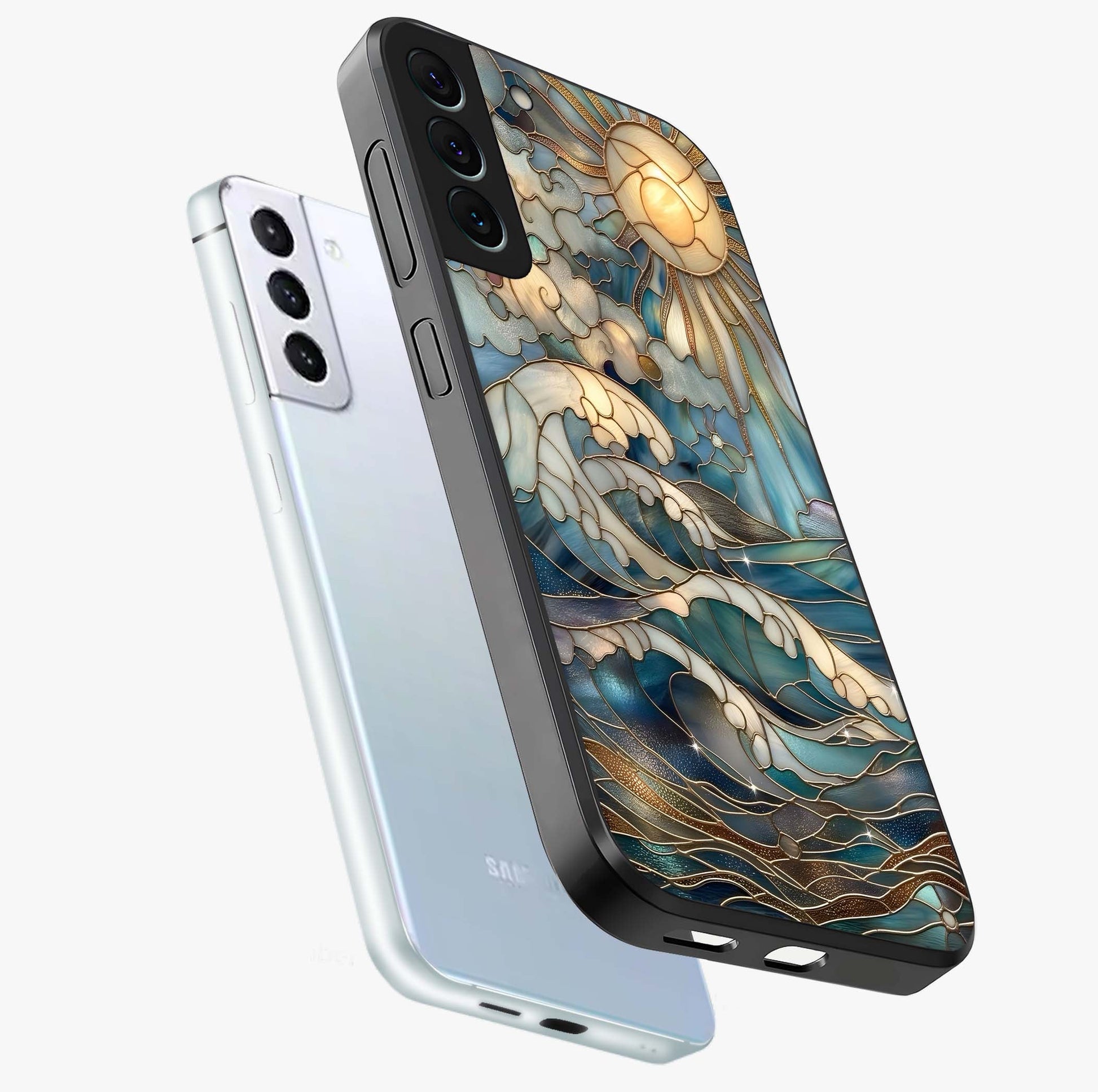 Oceanic Stained Printed Glass Case displayed in angled mockup highlighting colorful aquatic design with artistic aesthetic style.