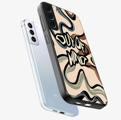 Out Of Mind Glass Case displayed in angled mockup highlighting bold statement design with modern artistic aesthetic.