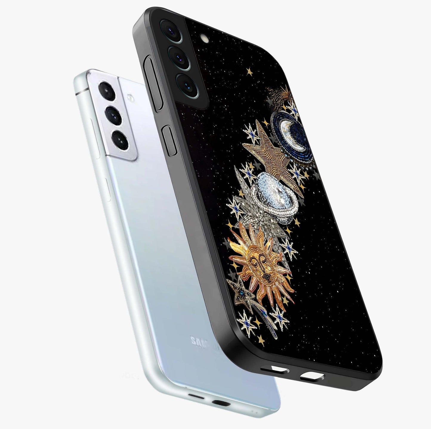 Pearls Universe Object Glass Case displayed in angled mockup highlighting celestial pearl design with dreamy aesthetic.
