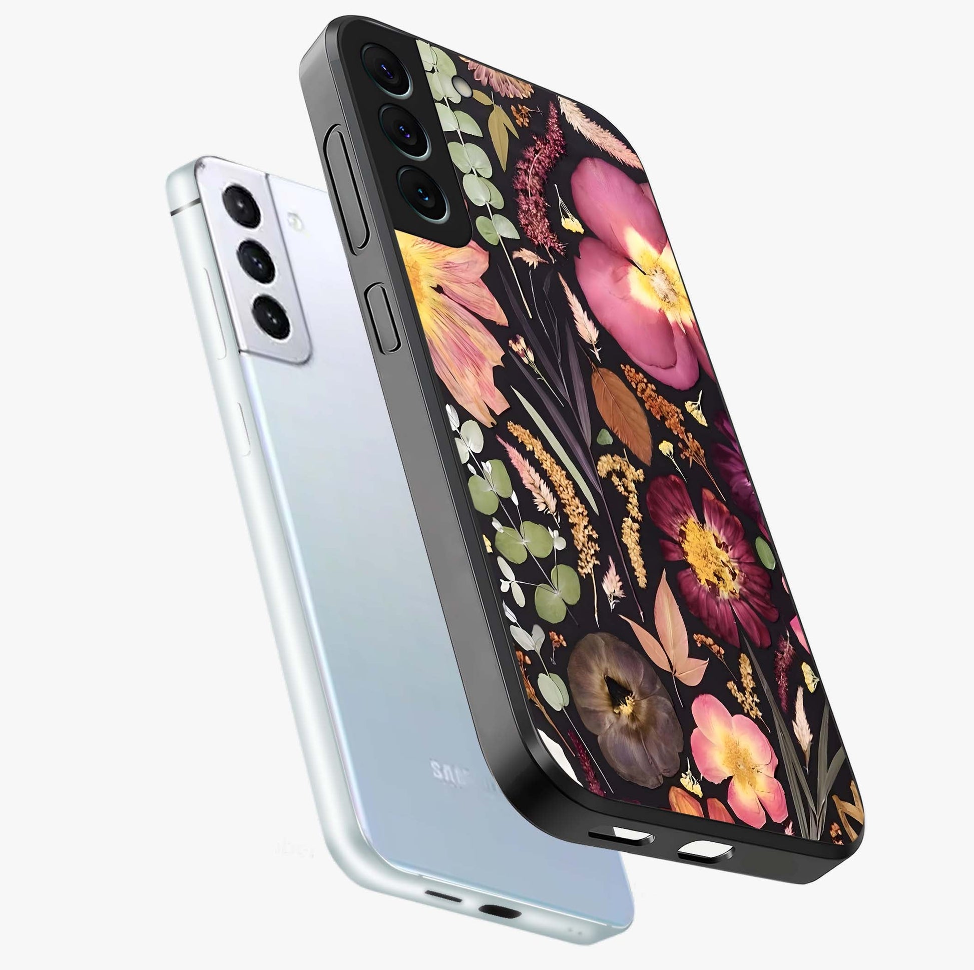 Petal Dream Tapestry Glass Case displayed in angled mockup highlighting decorative petal pattern with elegant botanical aesthetic.