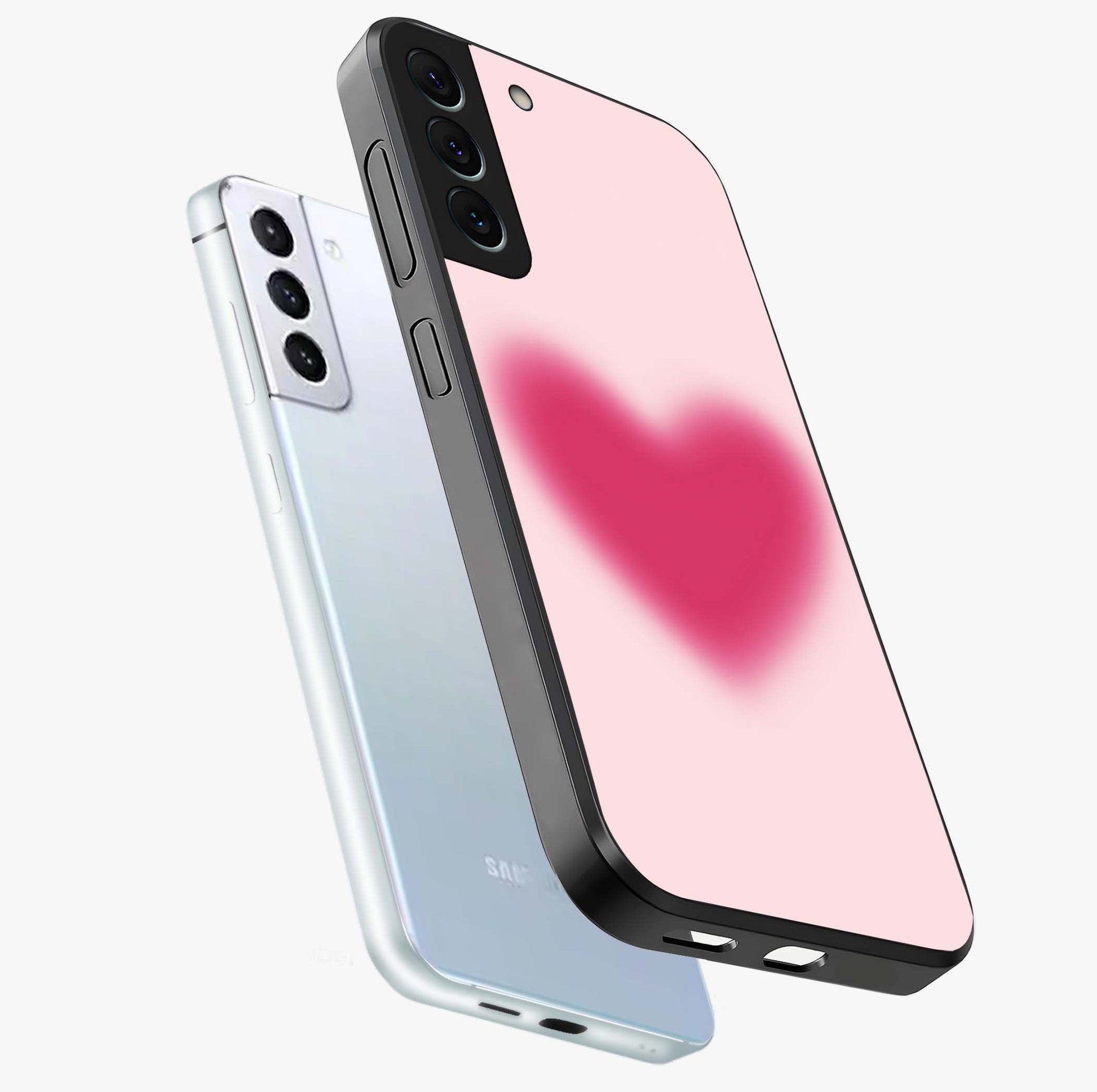 Pink Aura Heart Glass Case displayed in angled mockup highlighting vibrant pink heart design with dreamy aura aesthetic.