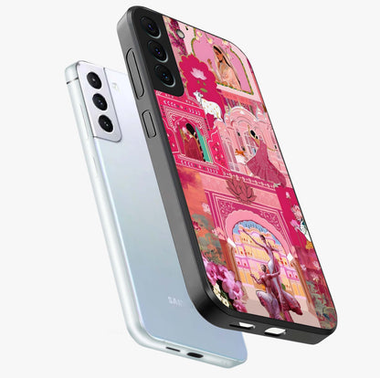 Pink Palace Muse Glass Case displayed in angled mockup highlighting dreamy palace illustration with soft pink aesthetic.