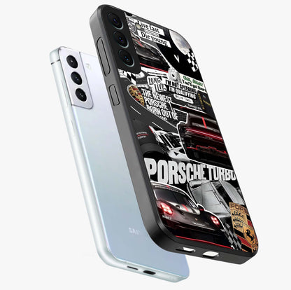 Porsche Racing Collage Glass Case displayed in angled mockup highlighting dynamic automotive design with bold racing aesthetic.