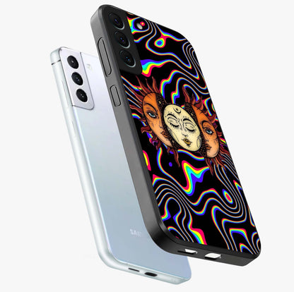 Psychedelic Sun Glass Case displayed in angled mockup highlighting vibrant abstract sun design with artistic aesthetic style.