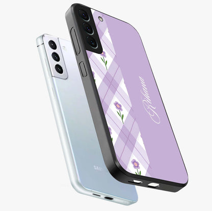 Purple Diamond Floral Glass Case displayed in angled mockup highlighting elegant purple flower design with decorative pattern.