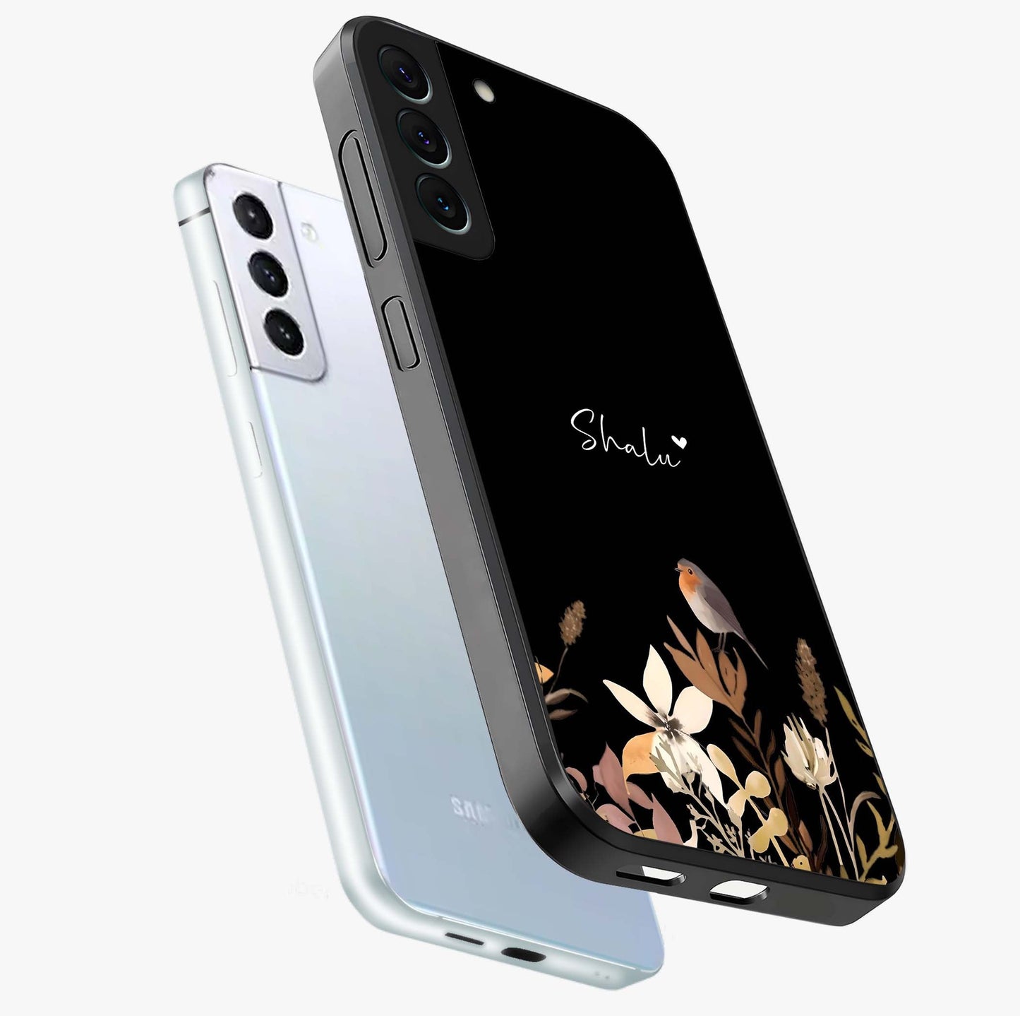 Quiet Garden Tune Custom Name Glass Case displayed in angled mockup highlighting delicate floral garden design with custom name feature.
