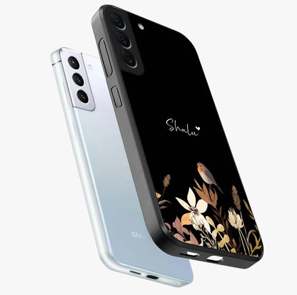 Quiet Garden Tune Custom Name Glass Case displayed in angled mockup highlighting delicate floral garden design with custom name feature.