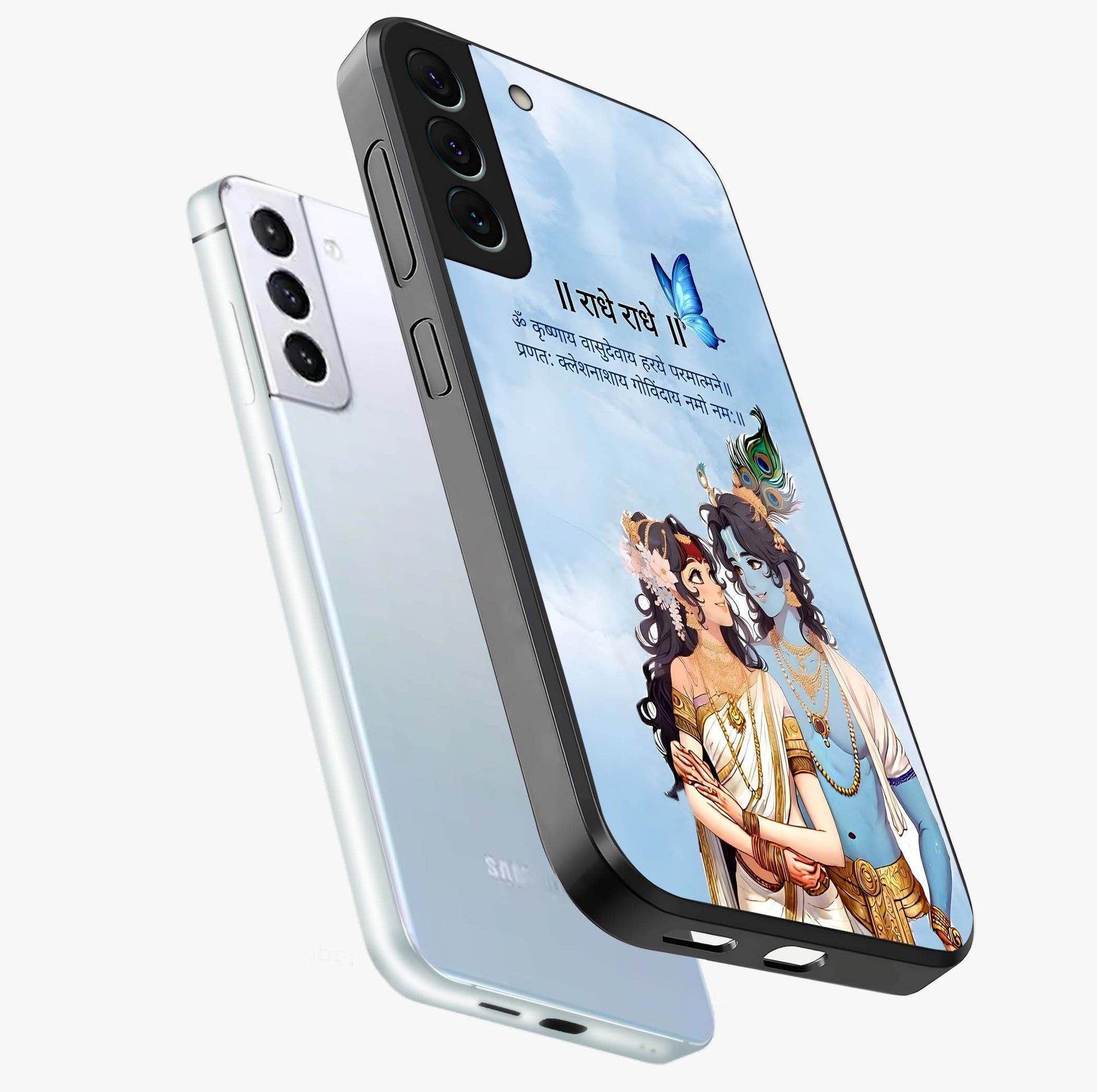 Radha Krishna Eternal Glass Case displayed in angled mockup highlighting divine Radha Krishna illustration with spiritual aesthetic.