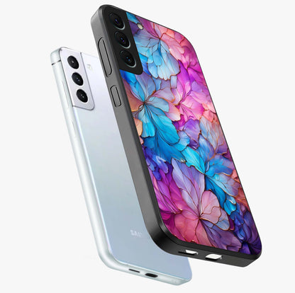 Radiant Floral Whirl Glass Case displayed in angled mockup highlighting vibrant flower pattern with dynamic artistic aesthetic.