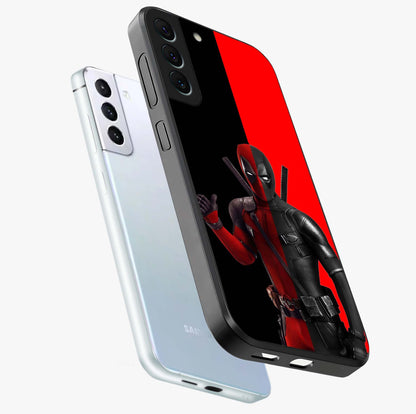 Red & Black Deadpool Theme Glass Case displayed in angled mockup highlighting vibrant superhero style illustration with action aesthetic.