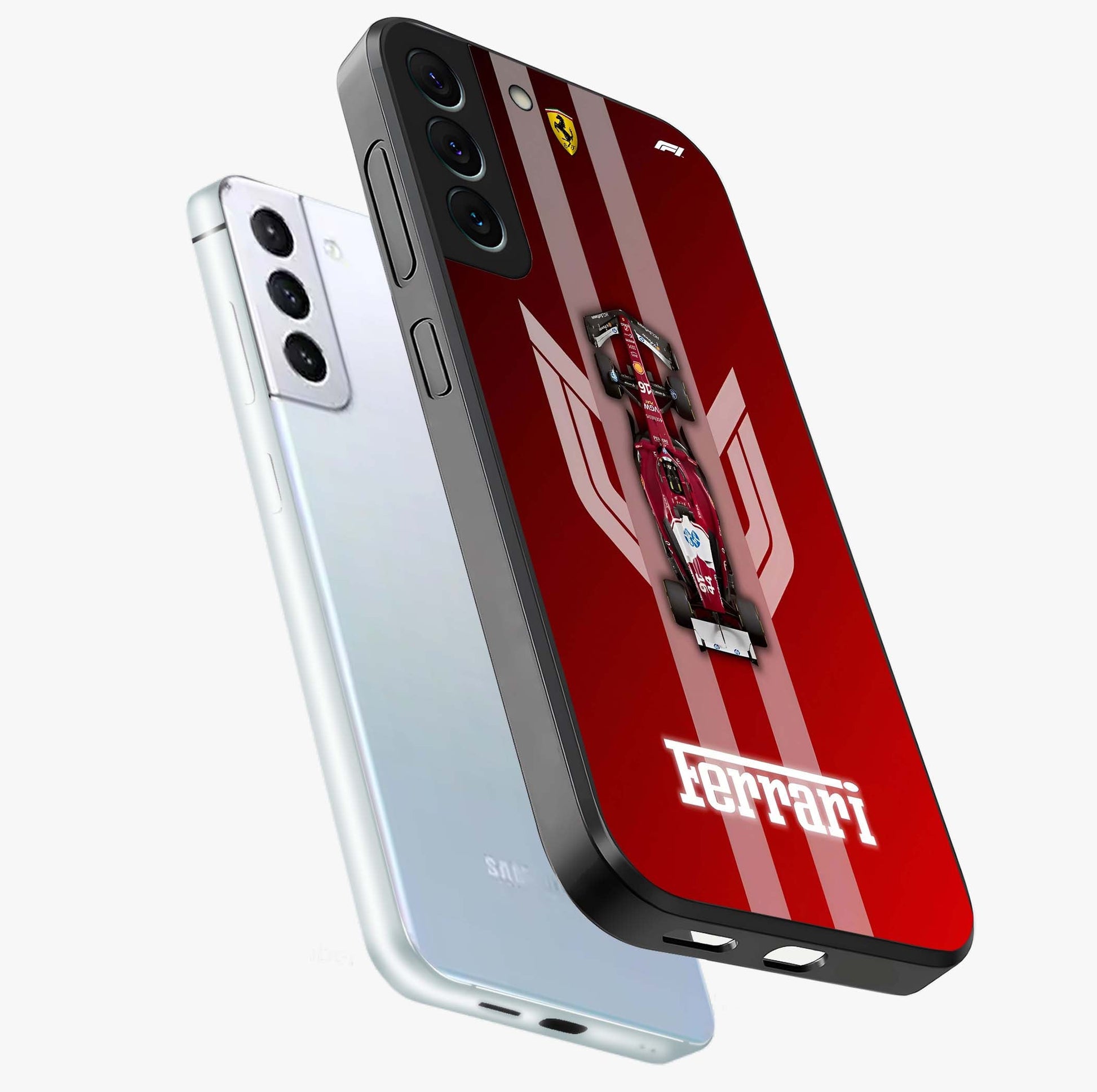 Red Ferrari F1 Vertical Glass Case displayed in angled mockup highlighting high speed racing design with bold automotive aesthetic.