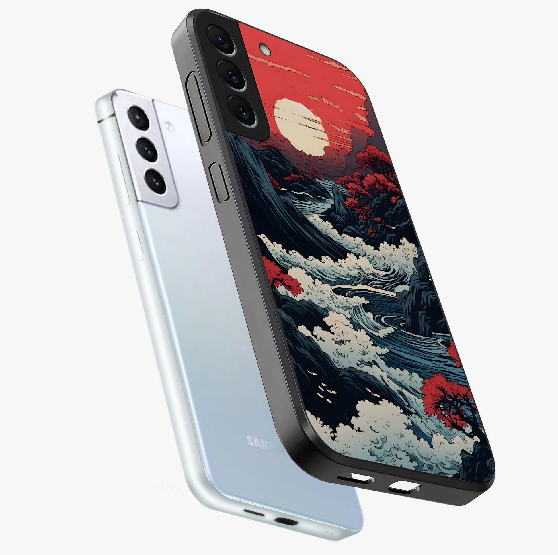 Red Sunset Scenery Glass Case displayed in angled mockup highlighting glowing sunset sky design with scenic aesthetic.
