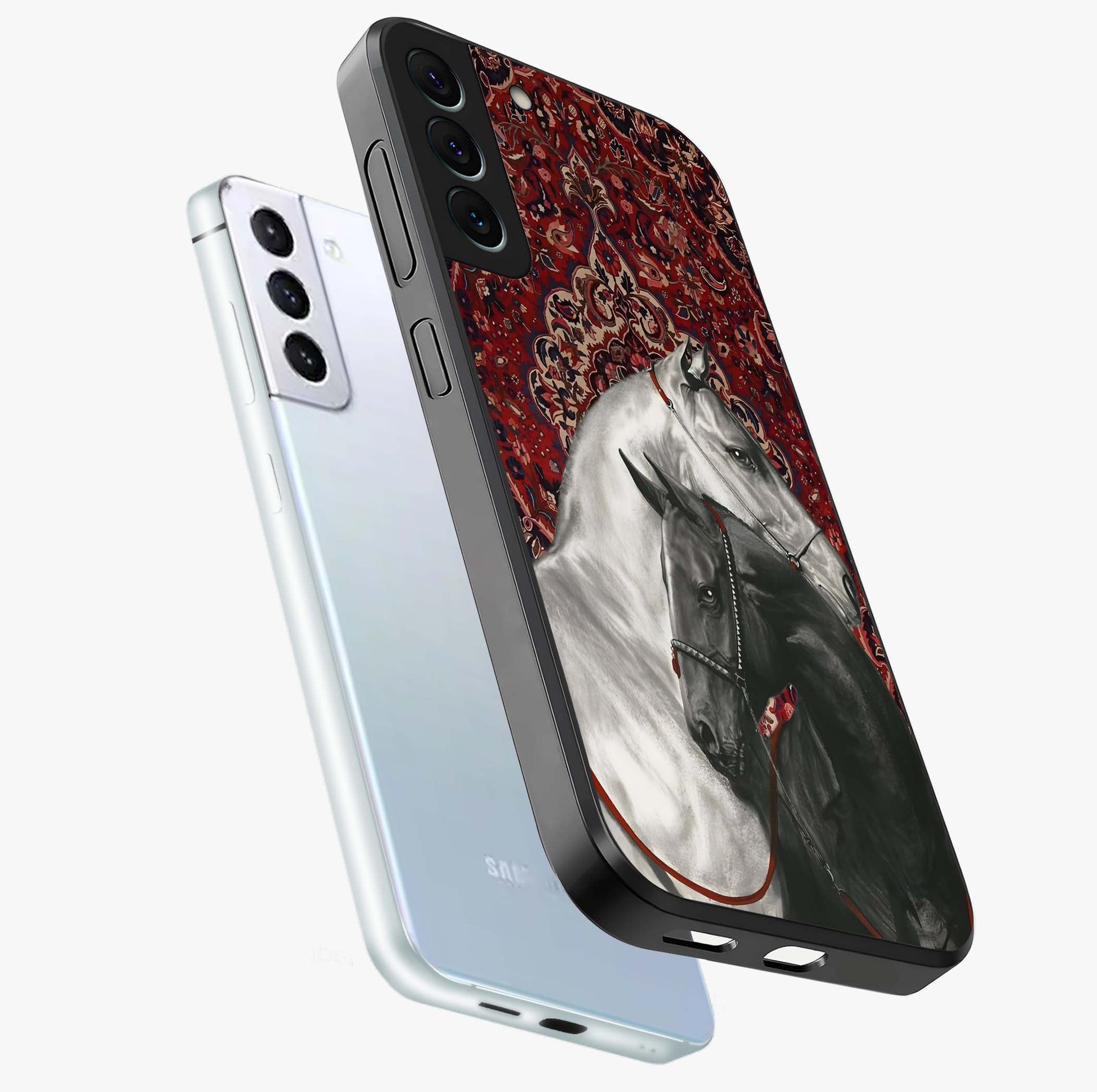 Regal Stallion Tapestry Glass Case displayed in angled mockup highlighting royal stallion design with decorative heritage aesthetic.