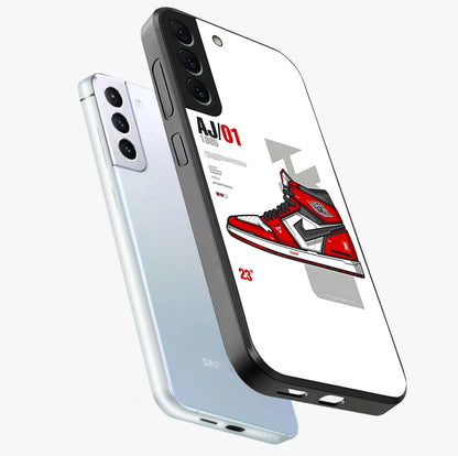 Retro Sneaker Blueprint Glass Case displayed in angled mockup highlighting detailed shoe design with sporty retro aesthetic.
