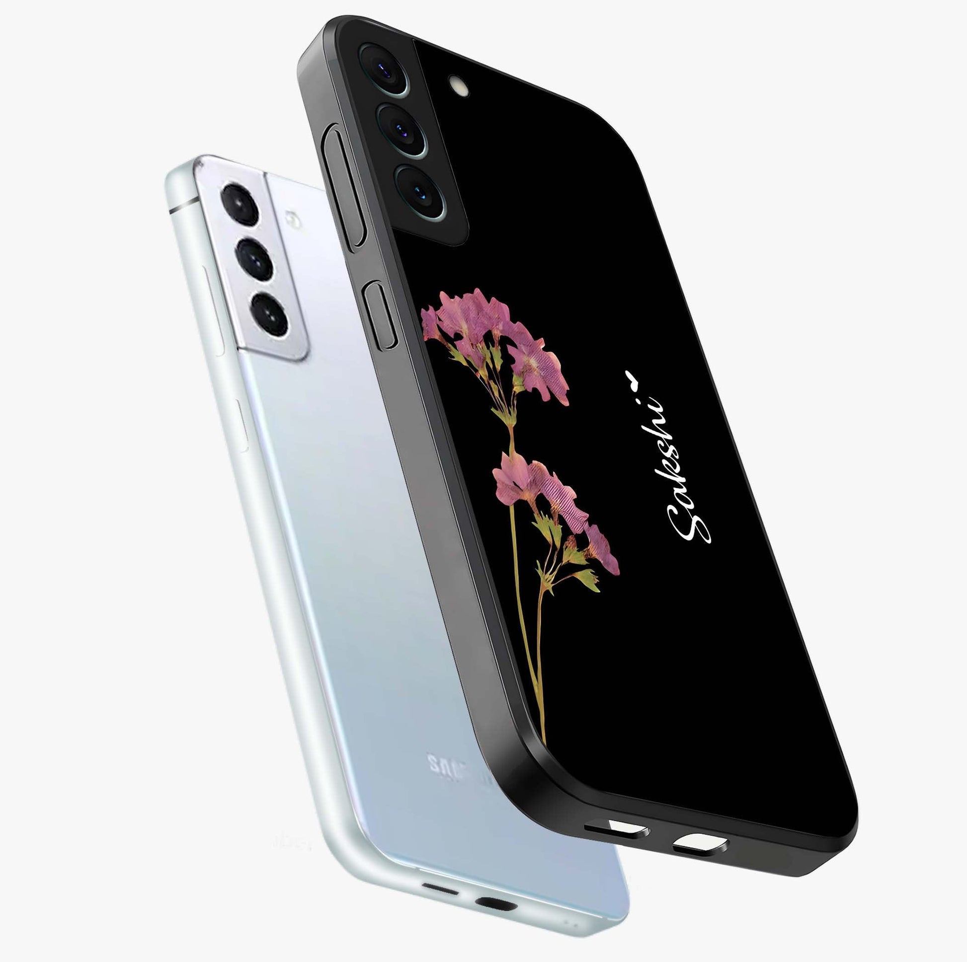 Riching Lavender Flower Custom Name Glass Case displayed in angled mockup highlighting delicate lavender flower design with custom name feature.