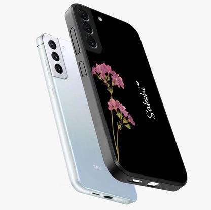 Riching Lavender Flower Custom Name Glass Case displayed in angled mockup highlighting delicate lavender flower design with custom name feature.