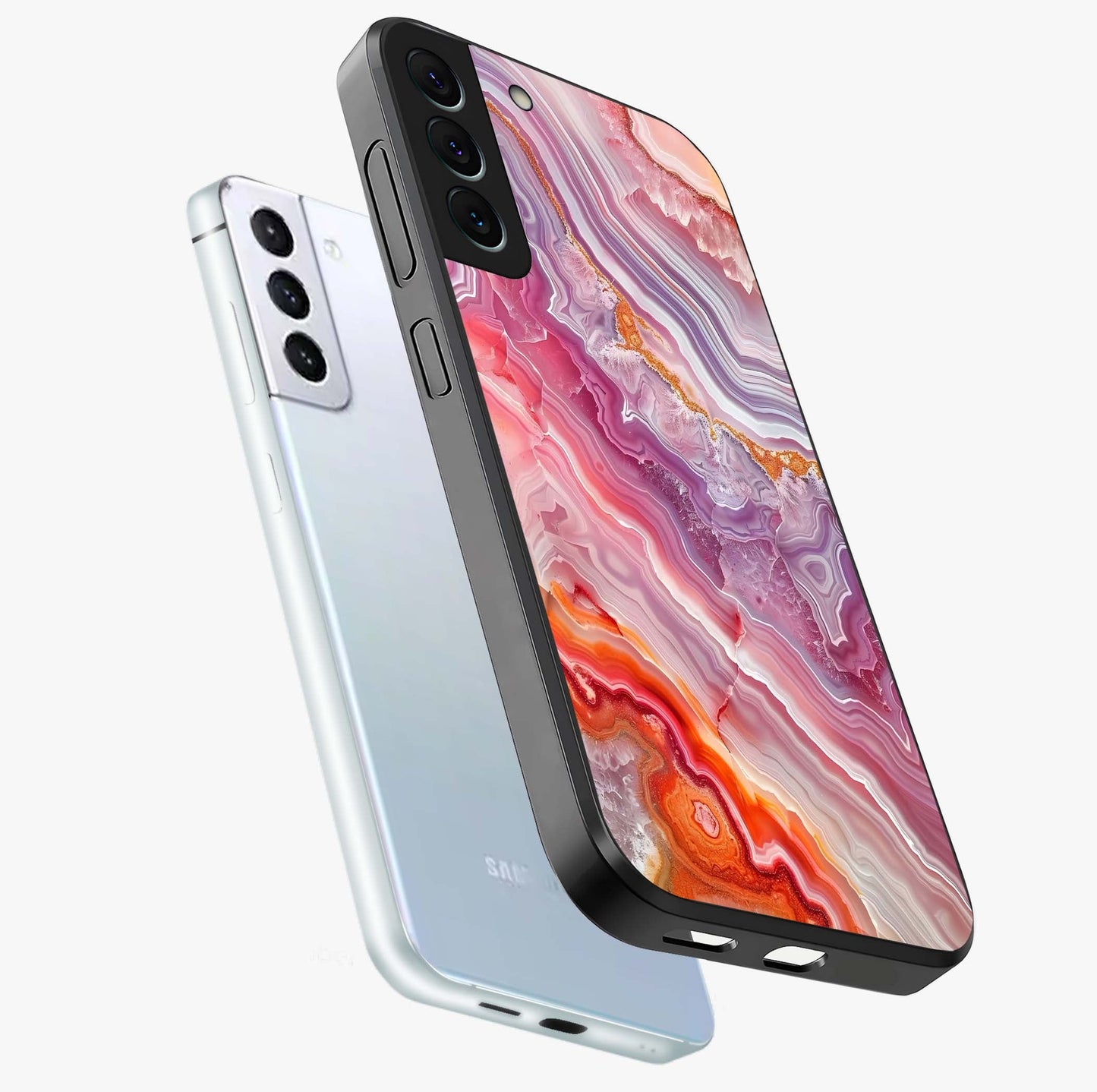 Rose Quartz Marble Glass Case displayed in angled mockup highlighting elegant marble pattern with soft aesthetic style.