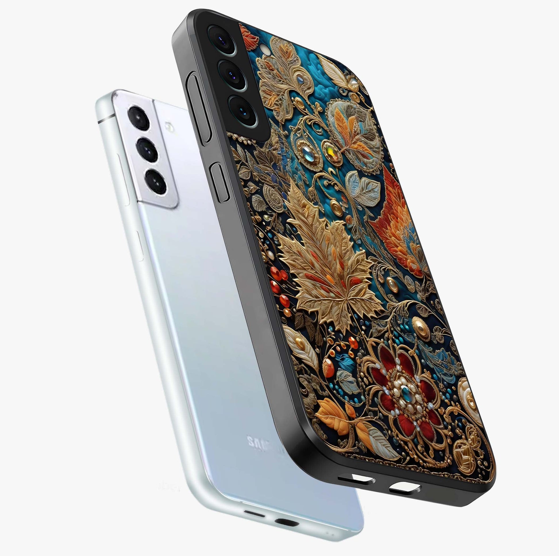Royal Jewel Garden Glass Case displayed in angled mockup highlighting vibrant jewel inspired floral design with elegant aesthetic.