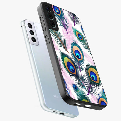 Royal Peacock Feathers Glass Case displayed in angled mockup highlighting vibrant feather pattern with regal aesthetic style.