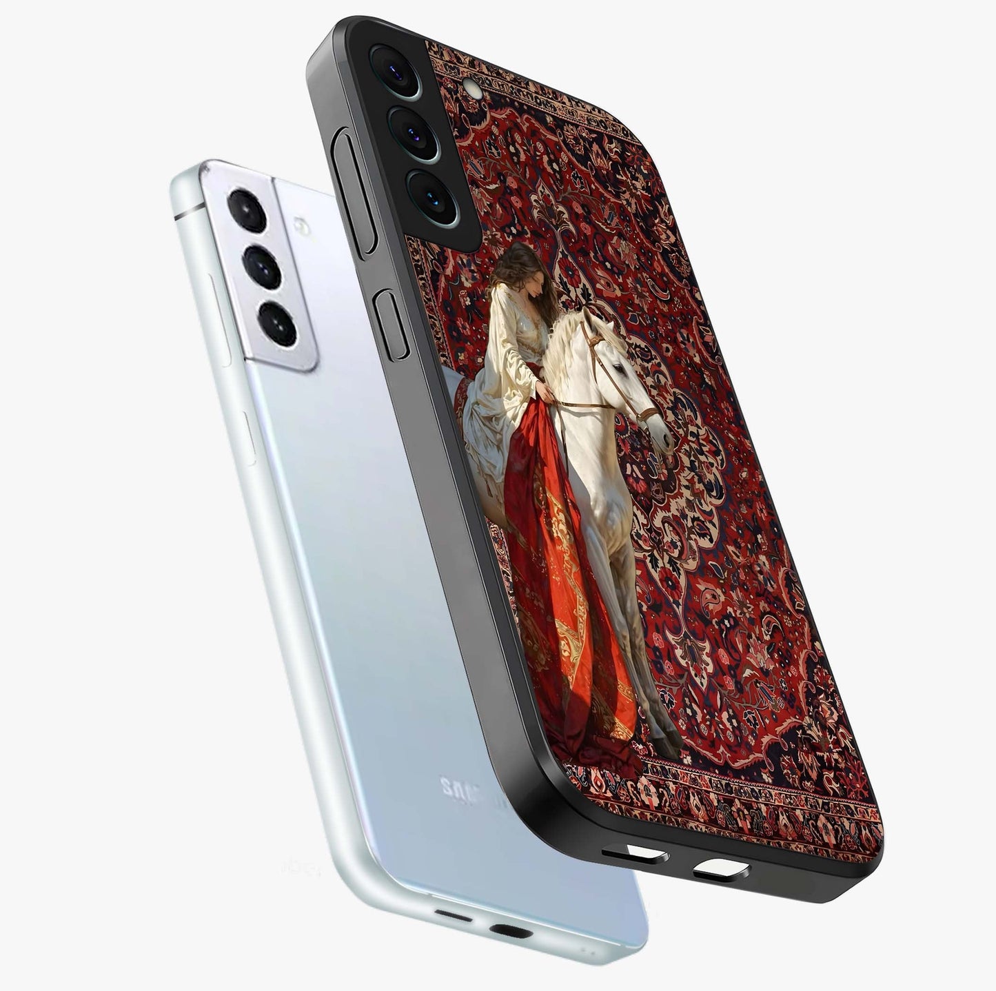 Royal Rider Tapestry Glass Case displayed in angled mockup highlighting traditional tapestry design with royal heritage aesthetic.