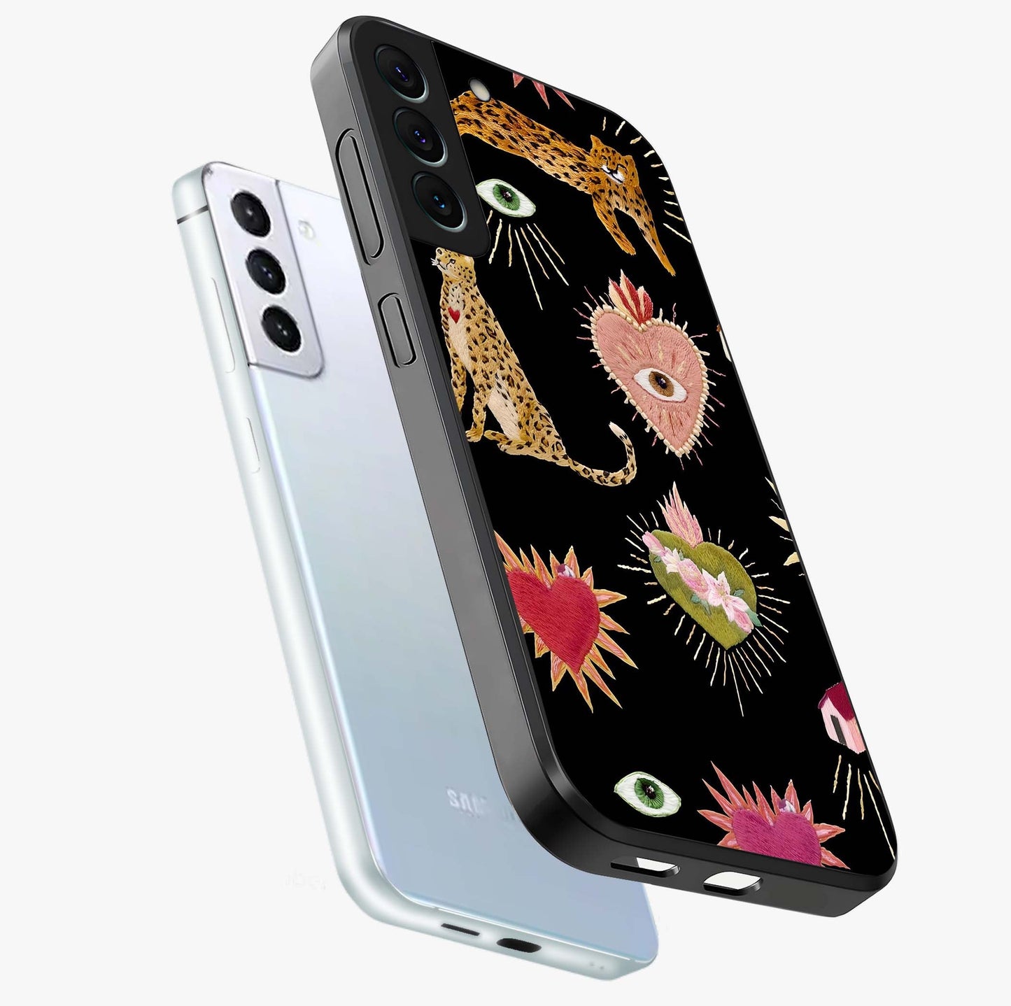 Sacred Jungle Heart Glass Case displayed in angled mockup highlighting lush tropical design with natural aesthetic style.