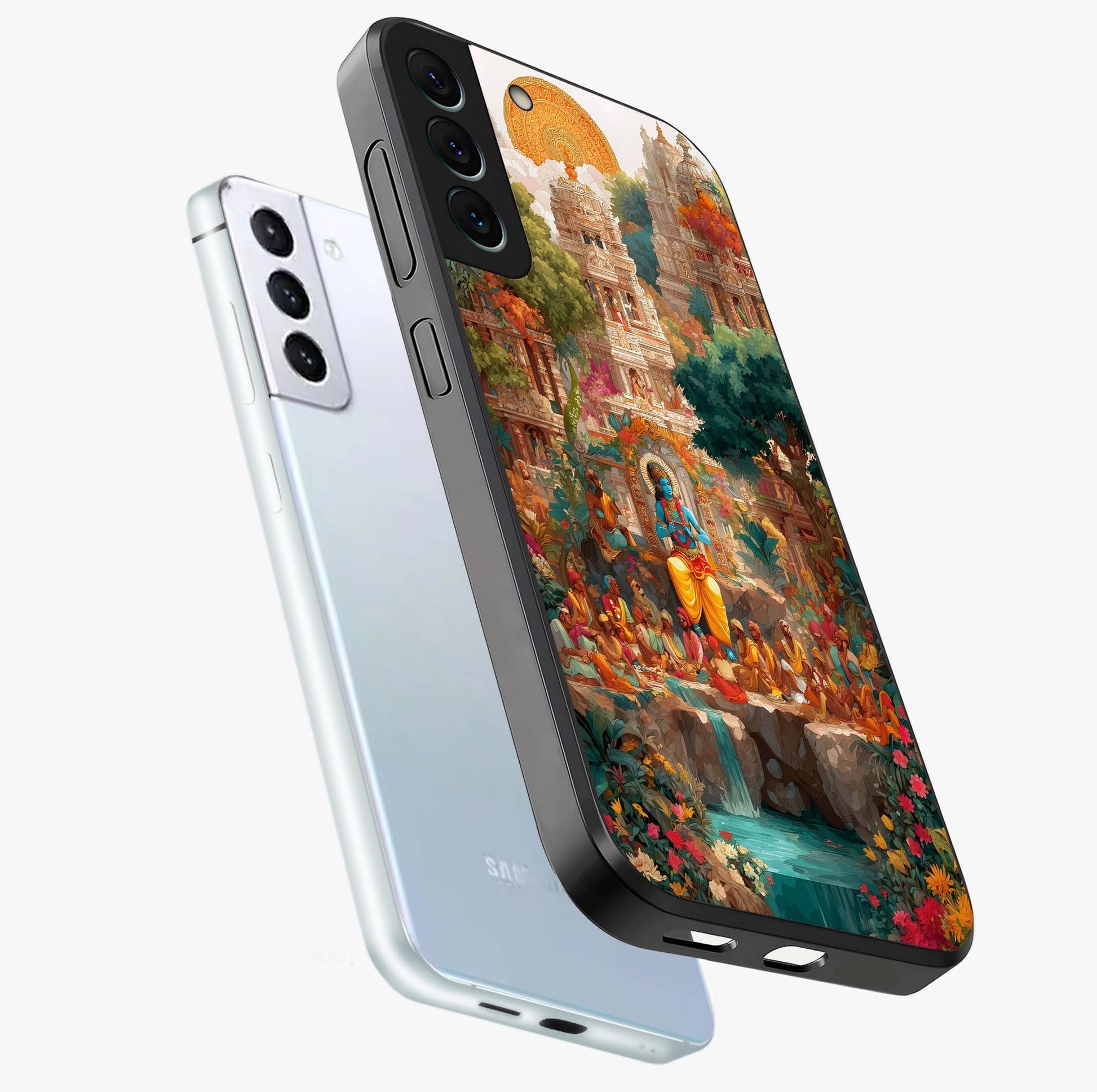 Sacred Sunlight Gods Glass Case displayed in angled mockup highlighting radiant spiritual design with celestial aesthetic.