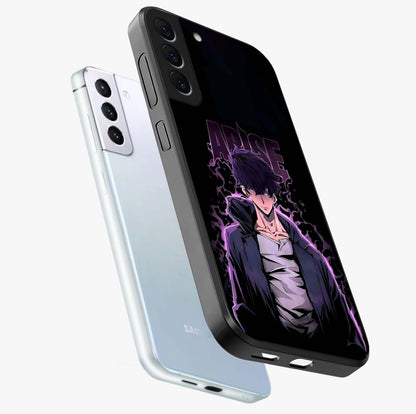 Shadow Monarch Awakening Glass Case displayed in angled mockup highlighting dramatic shadow warrior design with fantasy aesthetic.