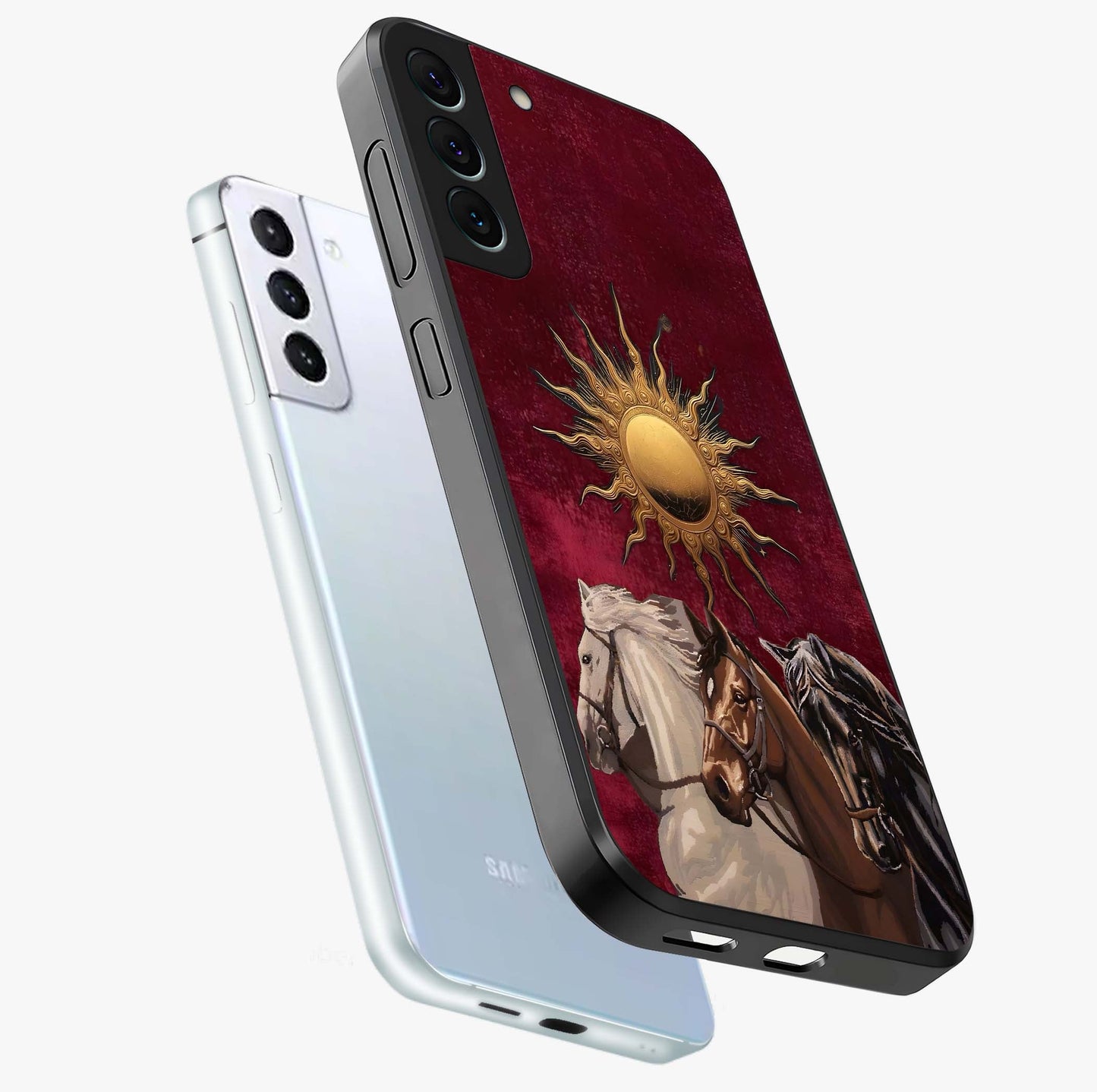 Solar Riders Glass Case displayed in angled mockup highlighting powerful rider illustration with radiant solar aesthetic.