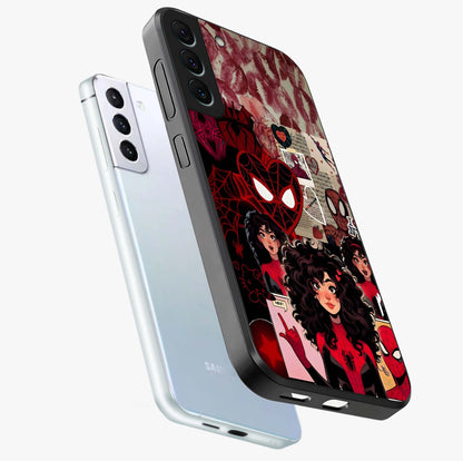 Spider Love Story Glass Case displayed in angled mockup highlighting expressive comic inspired design with playful aesthetic.