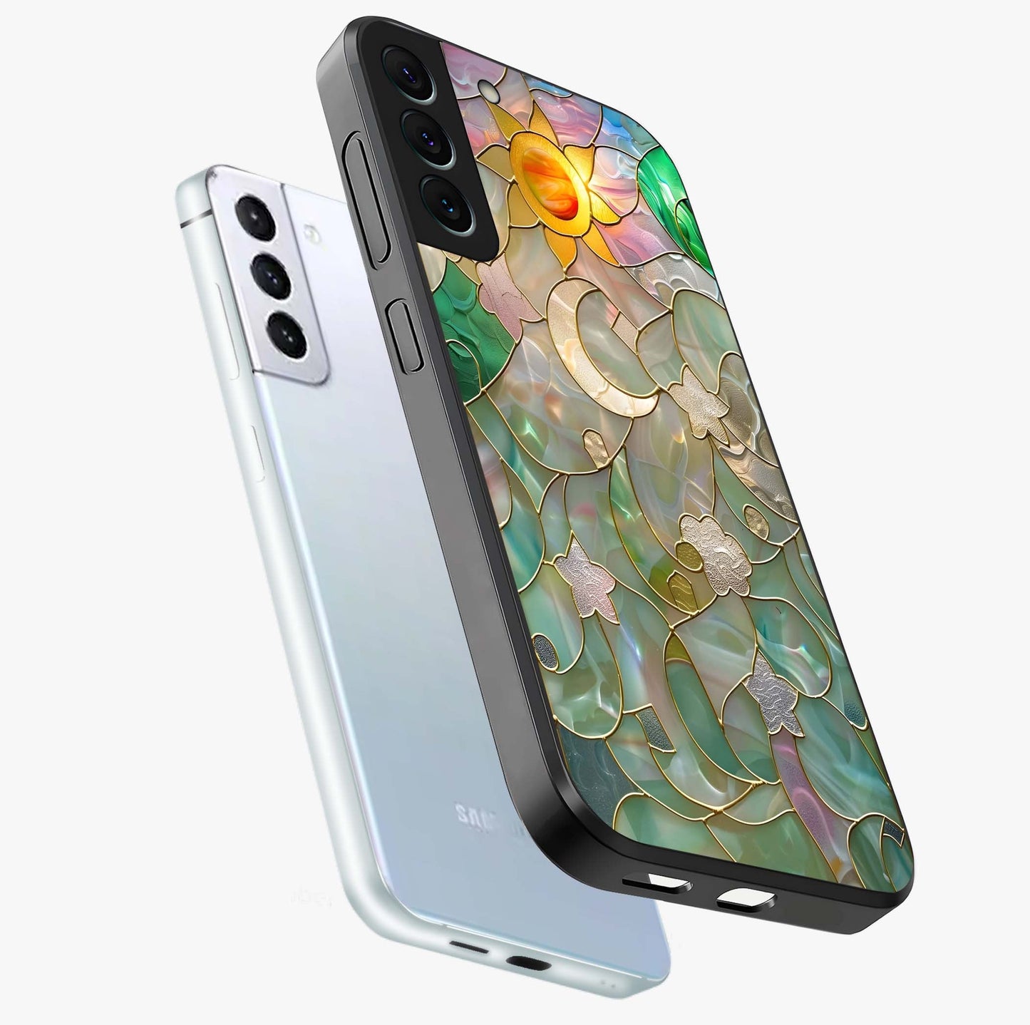 Stained Sunrise Glow Glass Case displayed in angled mockup highlighting radiant sunrise design with artistic aesthetic style.