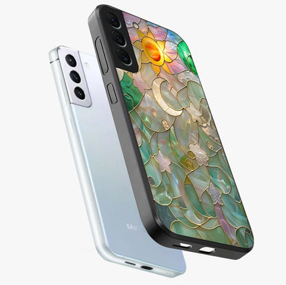 Stained Sunrise Glow Glass Case displayed in angled mockup highlighting radiant sunrise design with artistic aesthetic style.