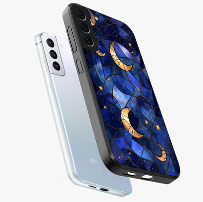 Starlit Sky Tapestry Glass Case displayed in angled mockup highlighting celestial night pattern with artistic aesthetic style.