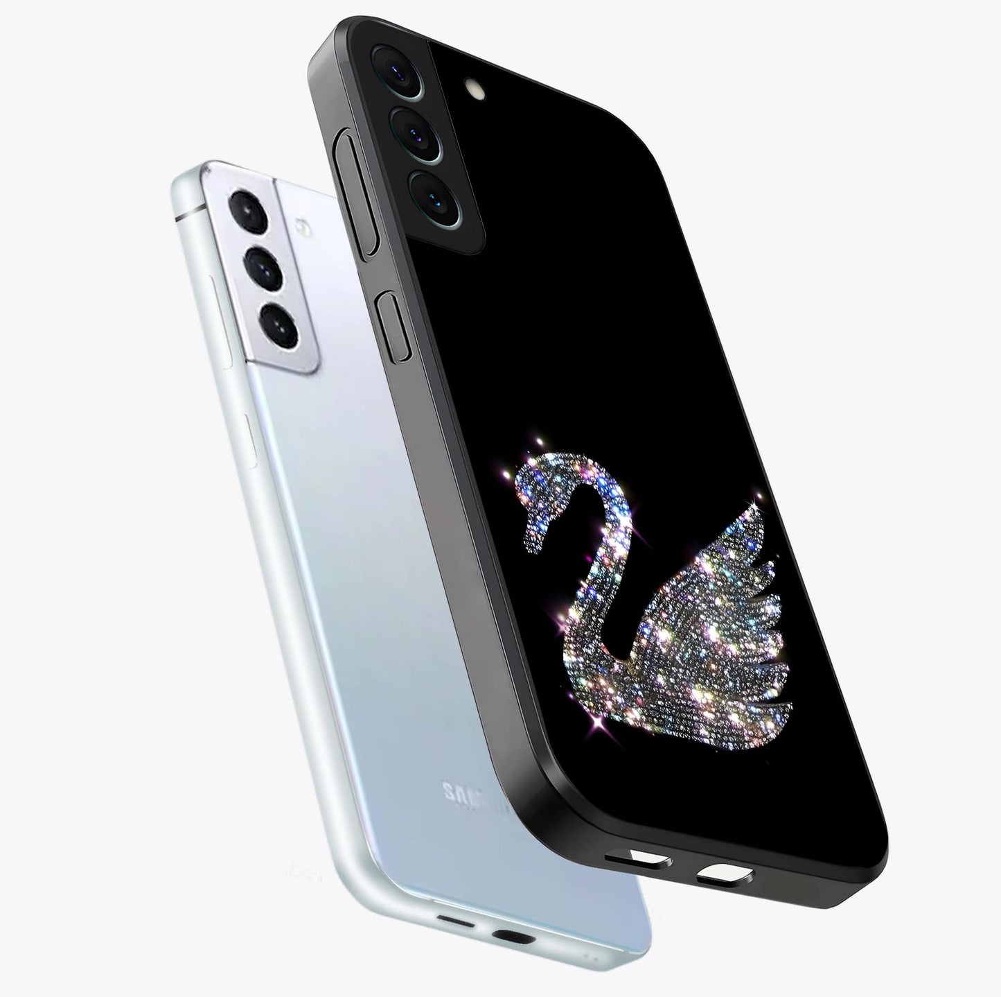 Starlit Swan Grace Glass Case displayed in angled mockup highlighting elegant swan illustration with dreamy celestial aesthetic.