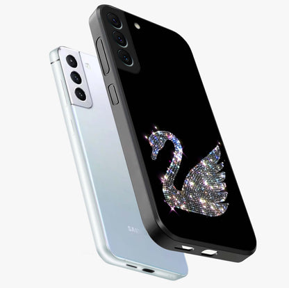 Starlit Swan Grace Glass Case displayed in angled mockup highlighting elegant swan illustration with dreamy celestial aesthetic.