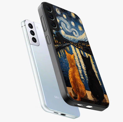Starry River Cats Glass Case displayed in angled mockup highlighting charming feline illustration with dreamy night aesthetic.