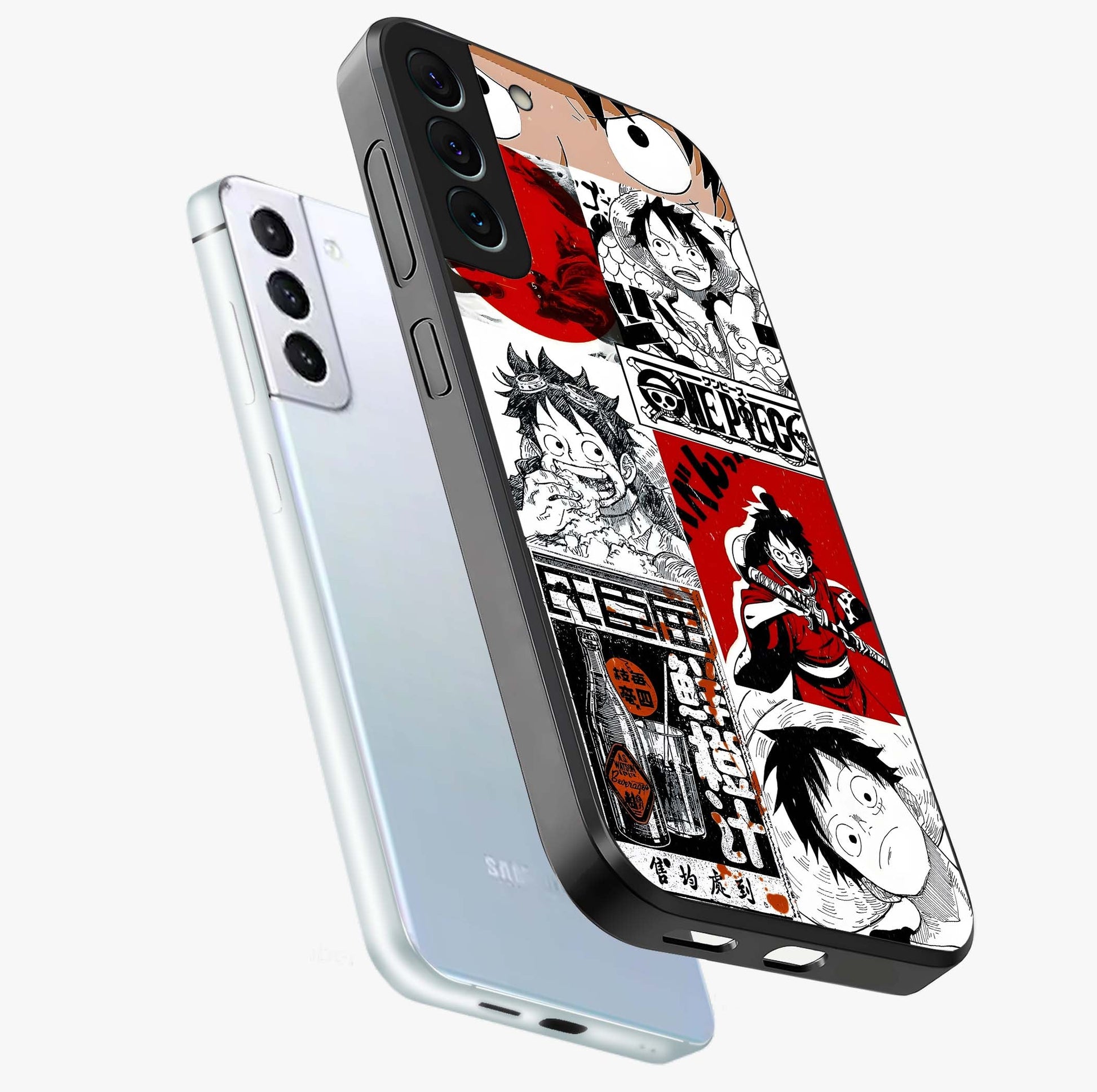 Strawhat Chaos Panels Glass Case displayed in angled mockup highlighting vibrant anime collage design with action aesthetic.