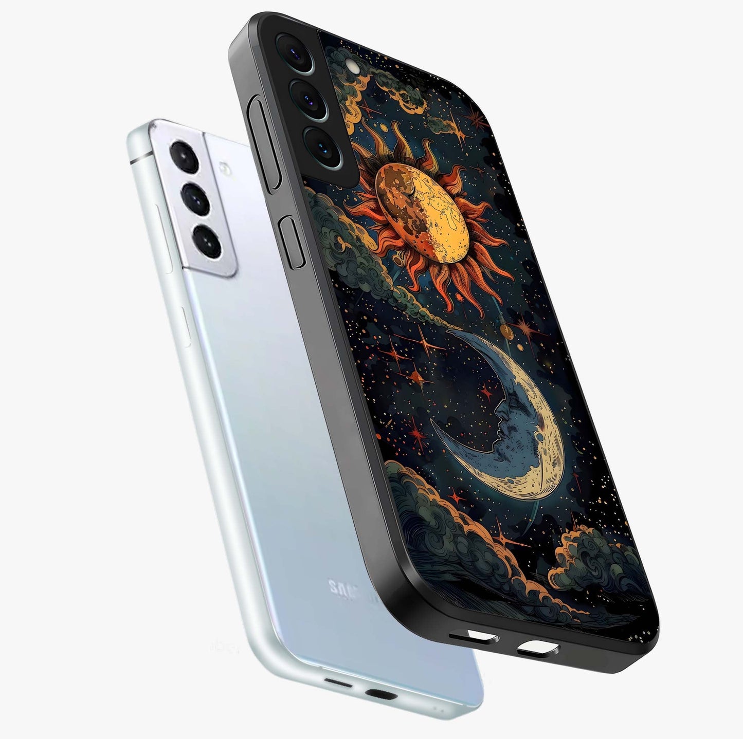 Sun And Moon Magic Design Glass Case displayed in angled mockup highlighting celestial design with magical cosmic aesthetic.