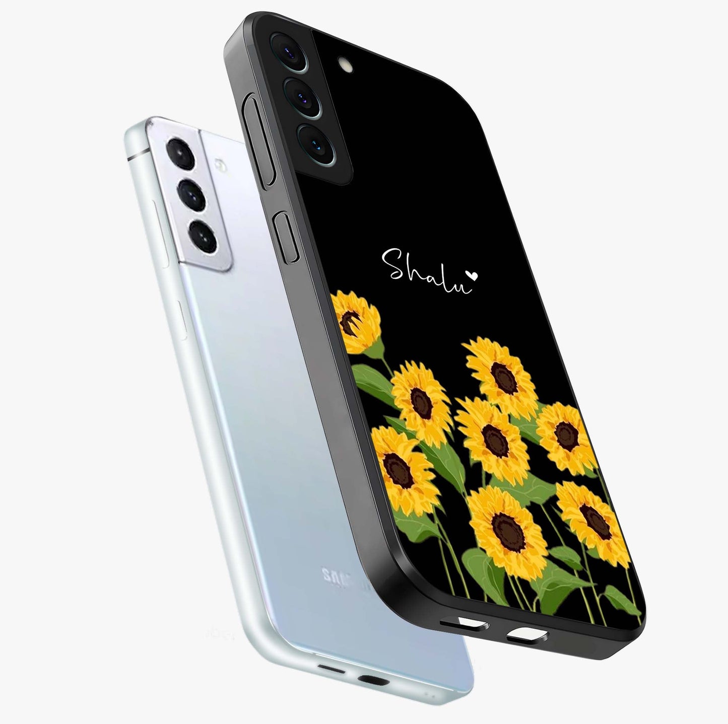Sunflower Chic Mood Custom Name Glass Case displayed in angled mockup highlighting vibrant sunflower design with custom name feature.
