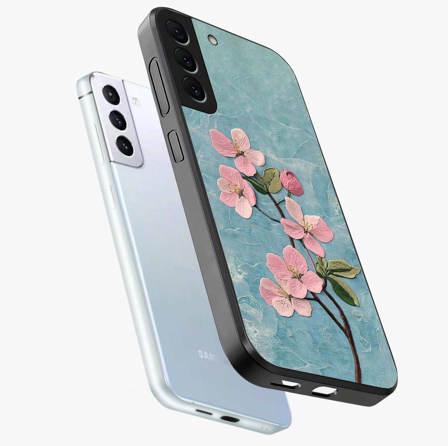 Threaded Blossom Breeze Glass Case displayed in angled mockup highlighting elegant floral design with soft aesthetic style.