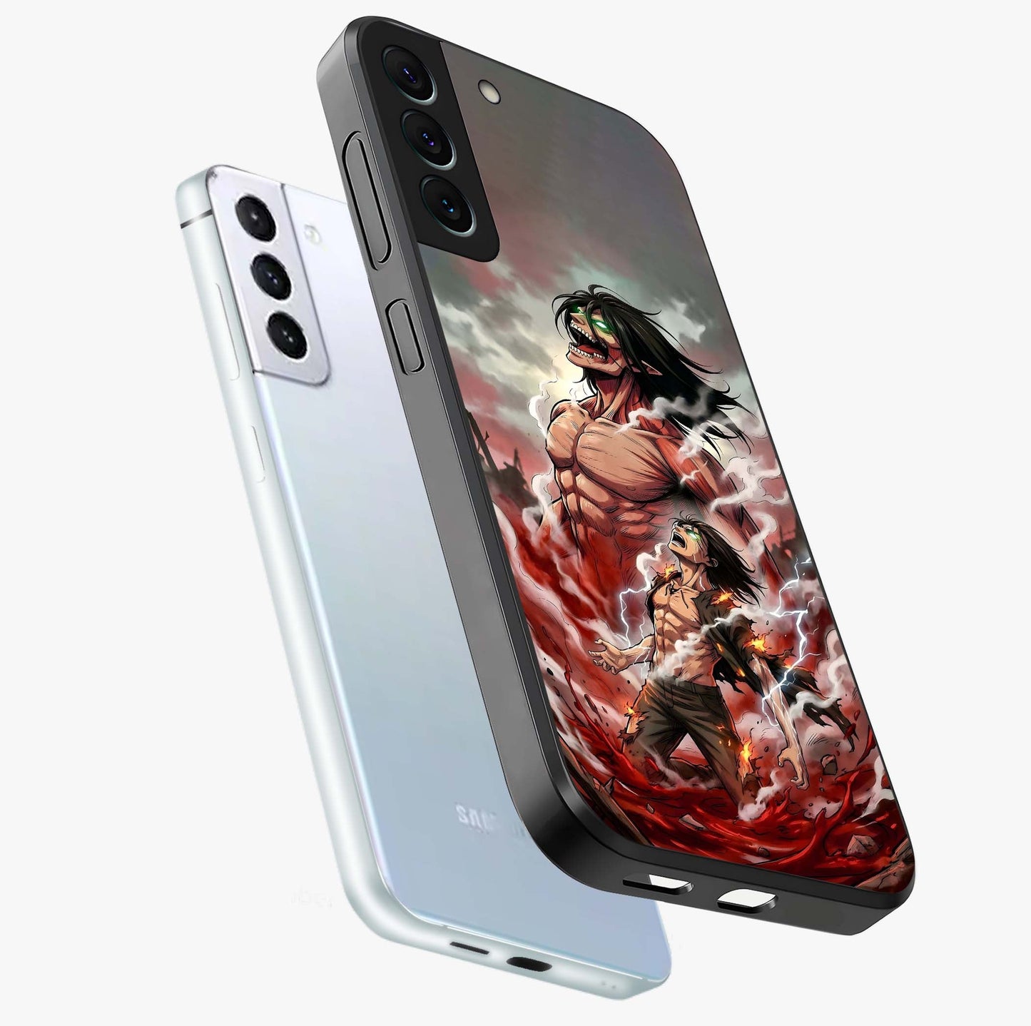 Titan Awakening Fury Glass Case displayed in angled mockup highlighting dramatic giant warrior design with bold anime aesthetic.