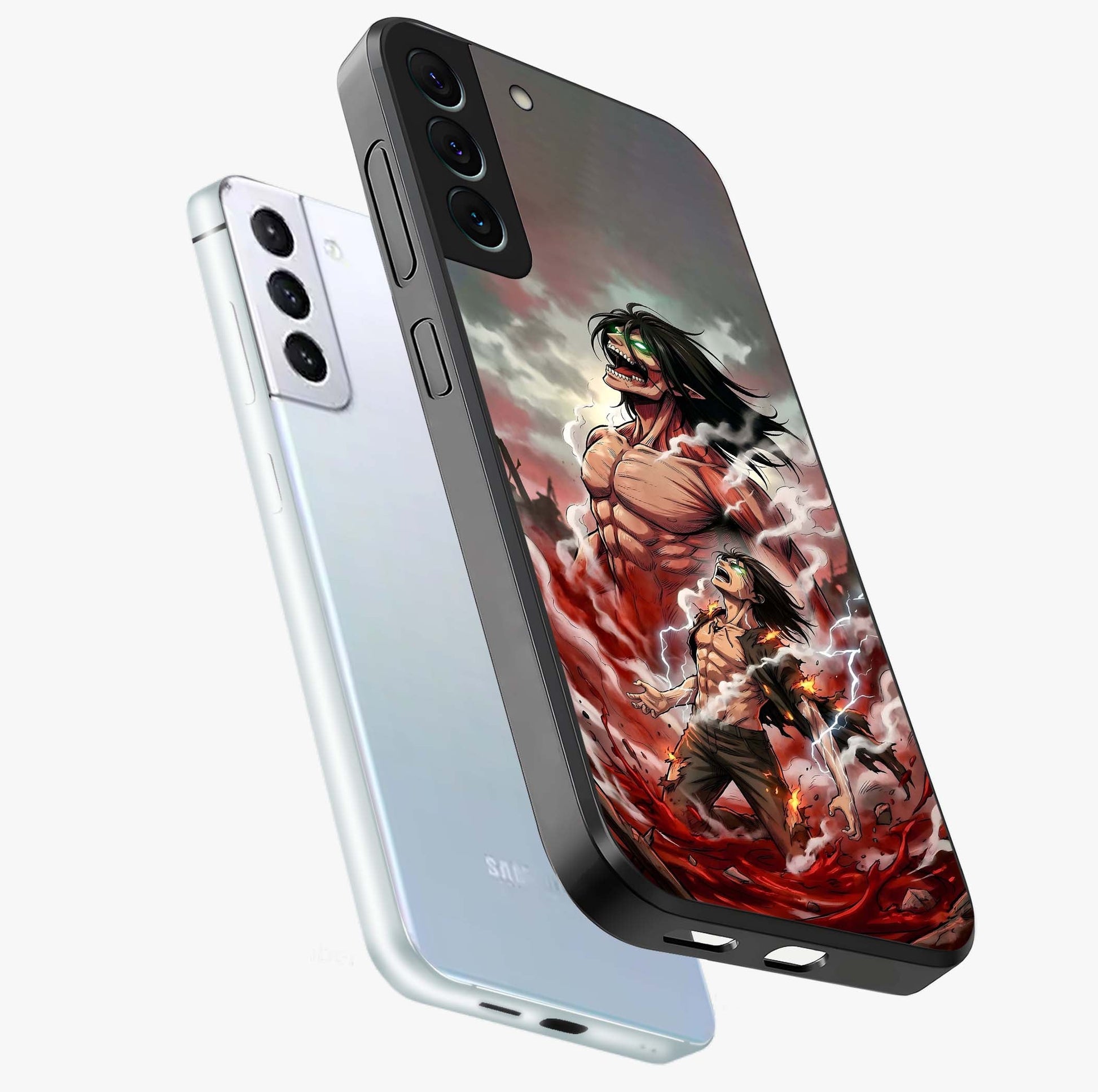 Titan Awakening Fury Glass Case displayed in angled mockup highlighting dramatic giant warrior design with bold anime aesthetic.