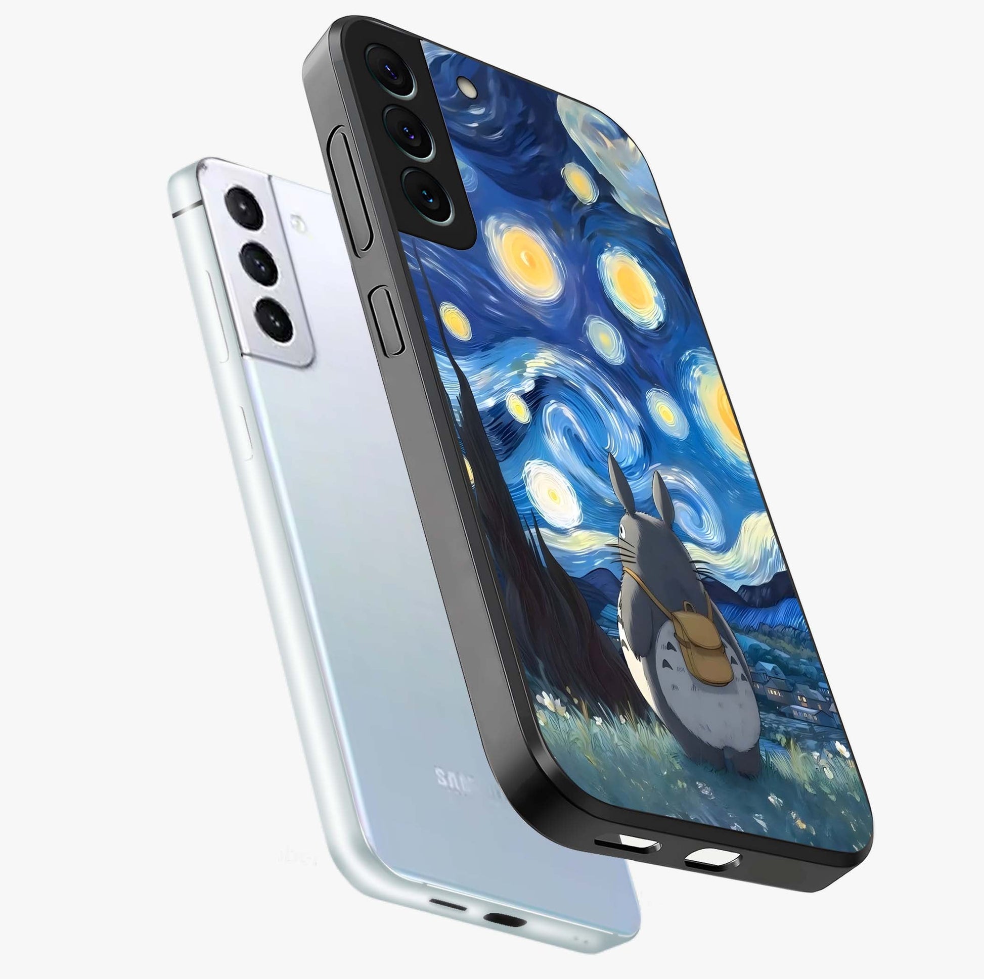 Totoro In Van Gogh Art Glass Case displayed in angled mockup highlighting artistic swirling sky design with playful animation aesthetic.
