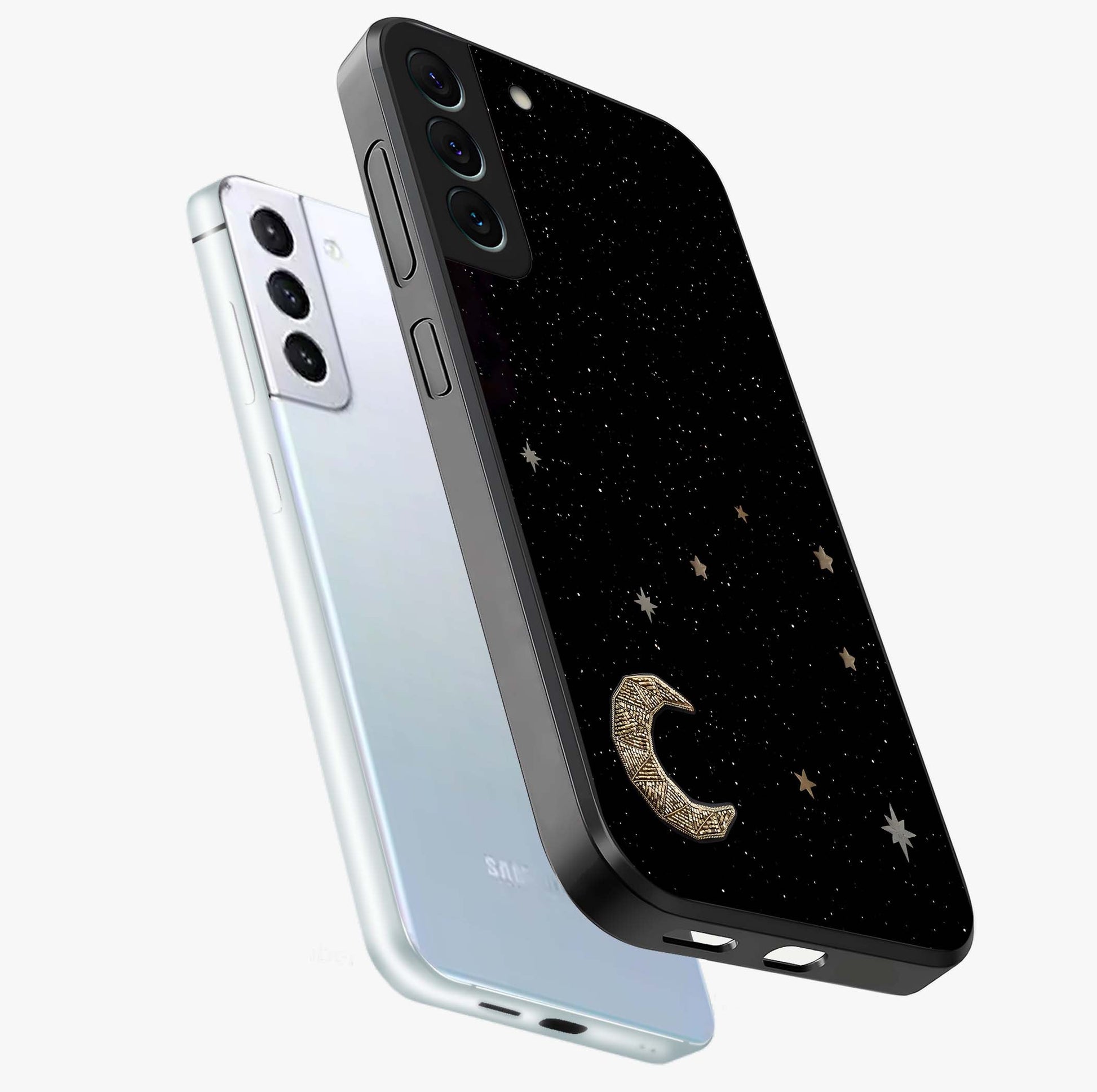 Twinkle Star With Half Moon Glass Case displayed in angled mockup highlighting celestial moon and star design with magical aesthetic.
