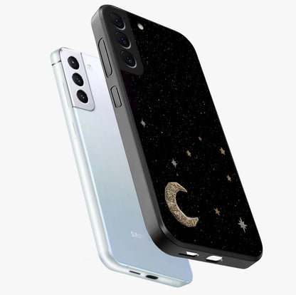Twinkle Star With Half Moon Glass Case displayed in angled mockup highlighting celestial moon and star design with magical aesthetic.