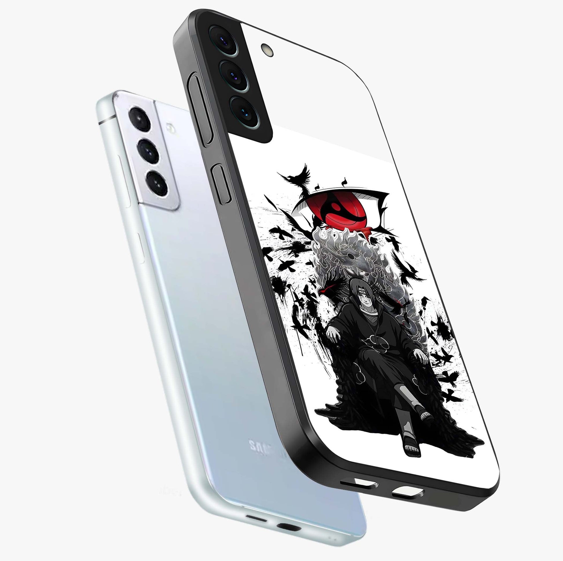 Uchiha Shadow Throne Glass Case displayed in angled mockup highlighting glowing aquatic design with celestial aesthetic.