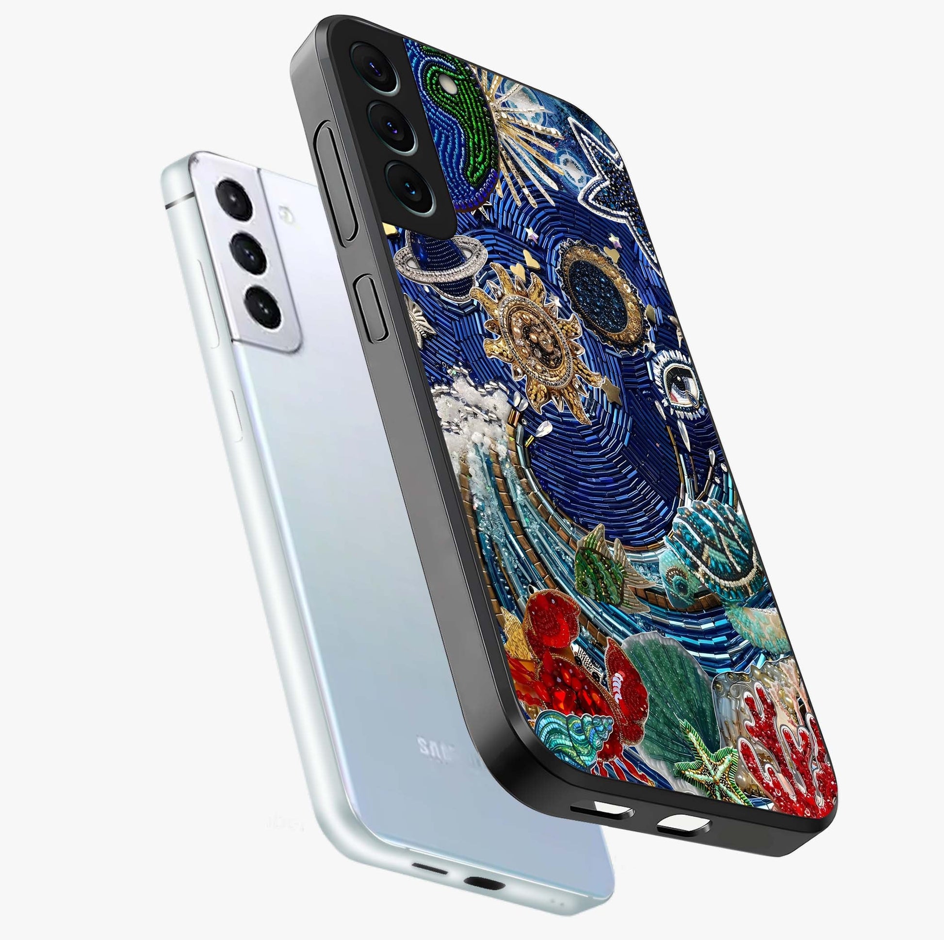 Universe Underwater Spark Glass Case displayed in angled mockup highlighting glowing aquatic design with celestial aesthetic.