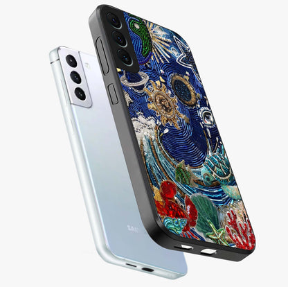 Universe Underwater Spark Glass Case displayed in angled mockup highlighting glowing aquatic design with celestial aesthetic.