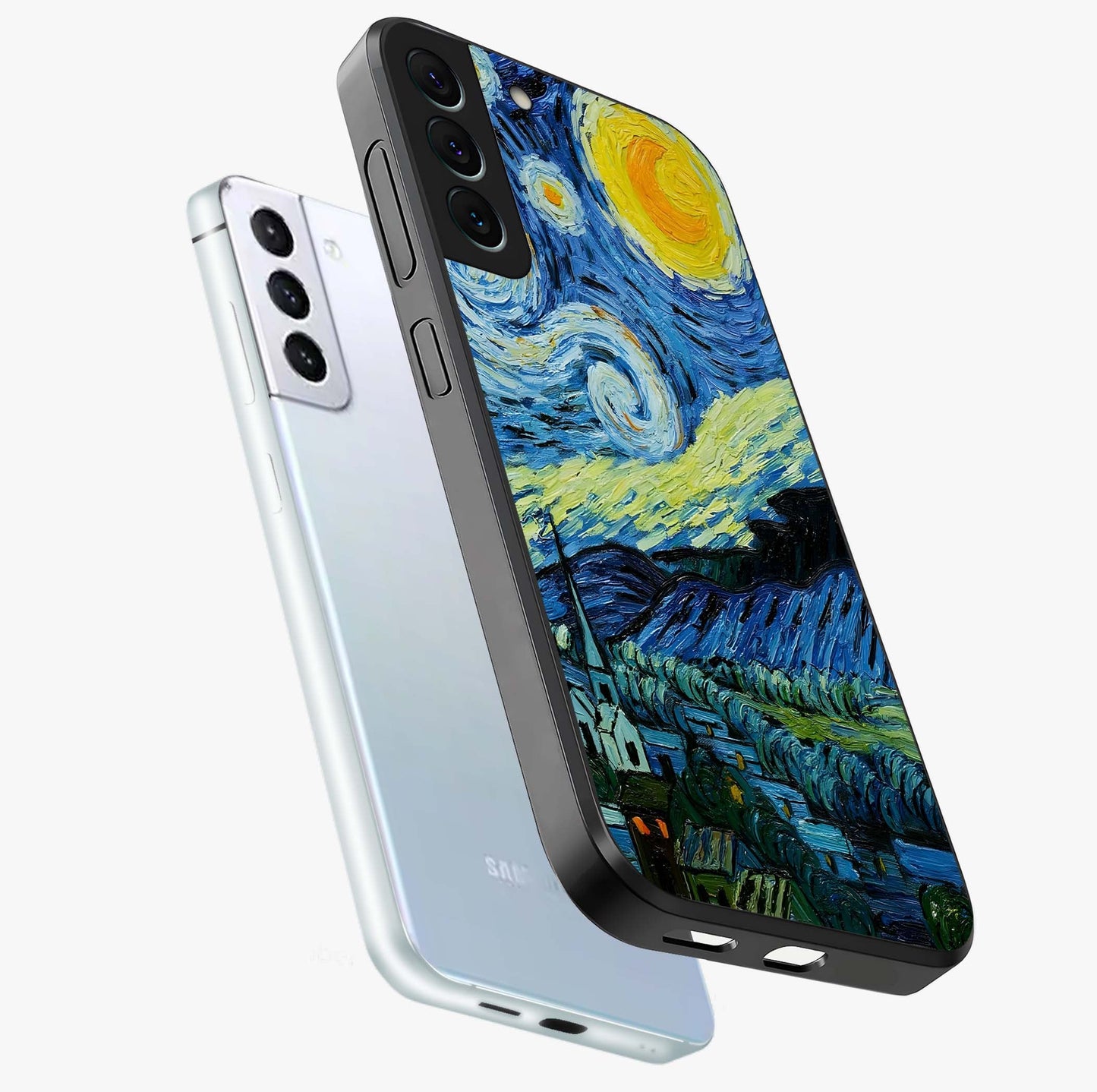 Van Gogh Art Glass Case displayed in angled mockup highlighting swirling brushstroke design with artistic aesthetic.
