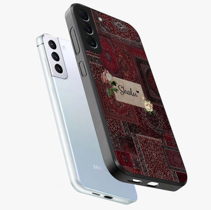 Velvet Wine Pattern Custom Name Glass Case displayed in angled mockup highlighting decorative velvet inspired design with custom name feature.